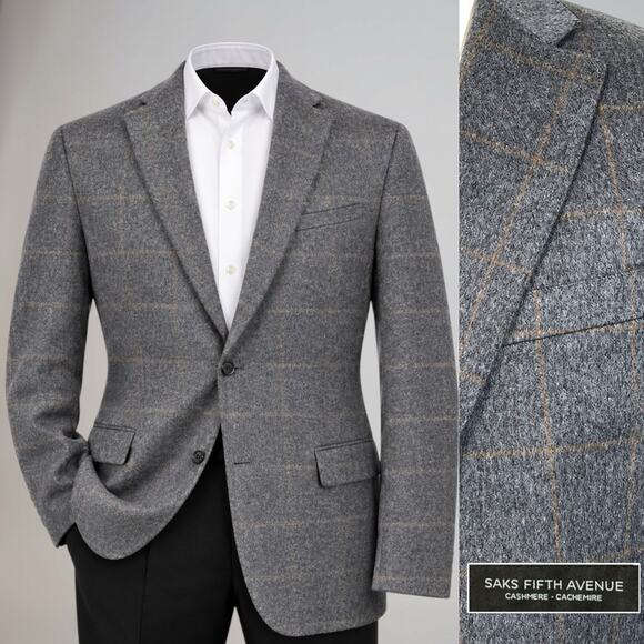Saks Fifth Avenue Other - Saks 100% Brushed Cashmere Sport Coat 44-46L Gray Camel Windowpane Plaid